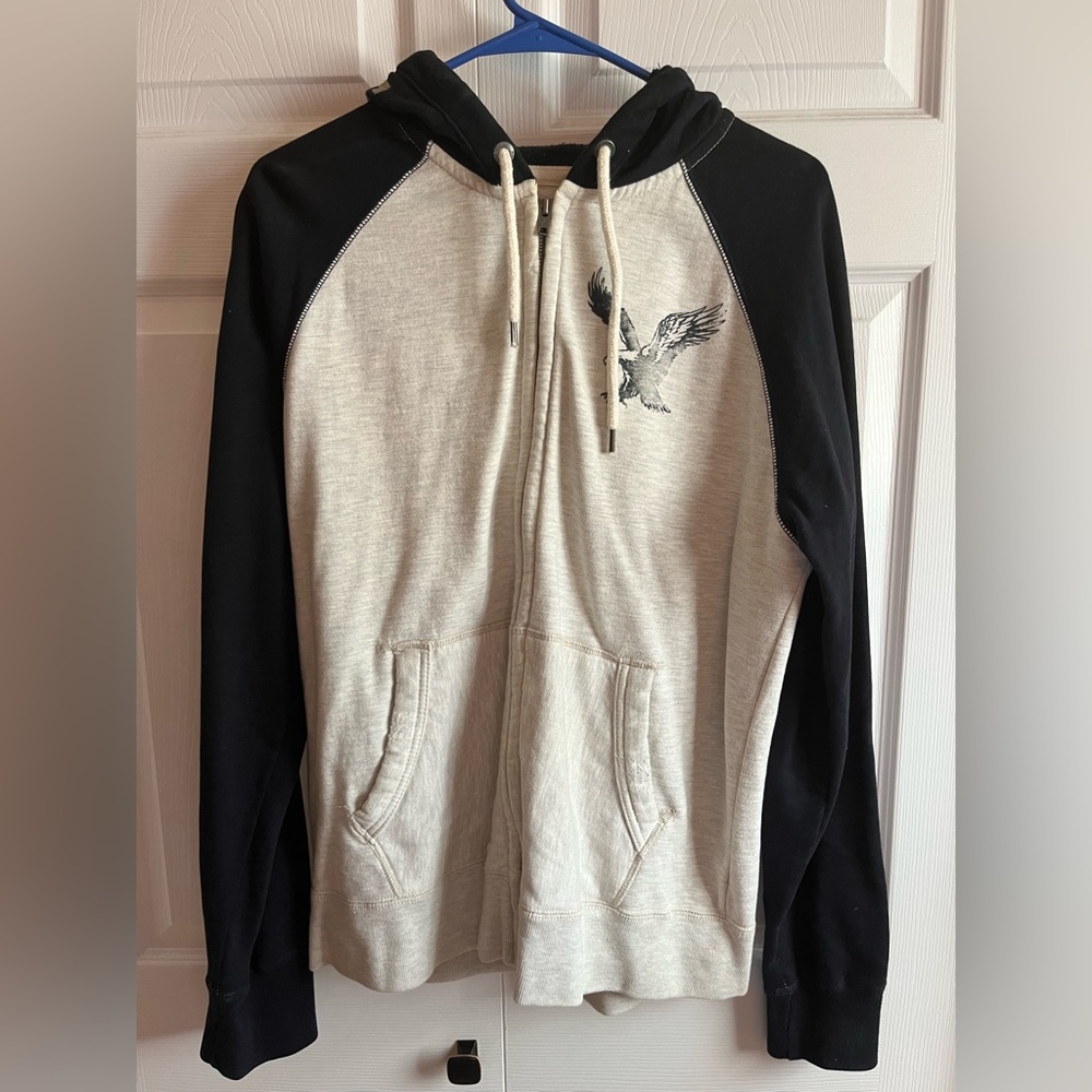 White and Navy Blue American Eagle Full Zip Hoodie. Size Small.